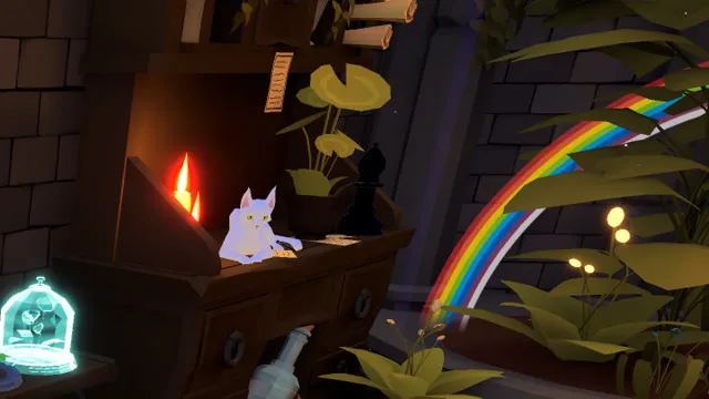 A black chess piece beside a white cat and plant pots in the workshop.