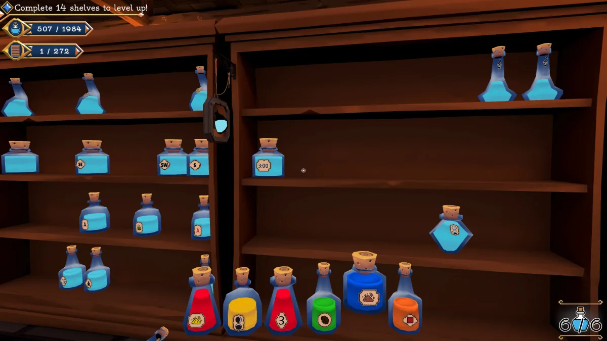 A clock-themed potion shelf with numbered bottles and a large clock face in Shelve the Potions.
