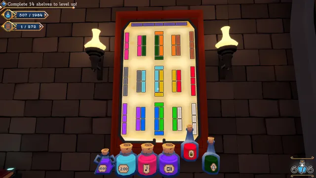 The in-game color chart beside rows of colored potions in the workshop.
