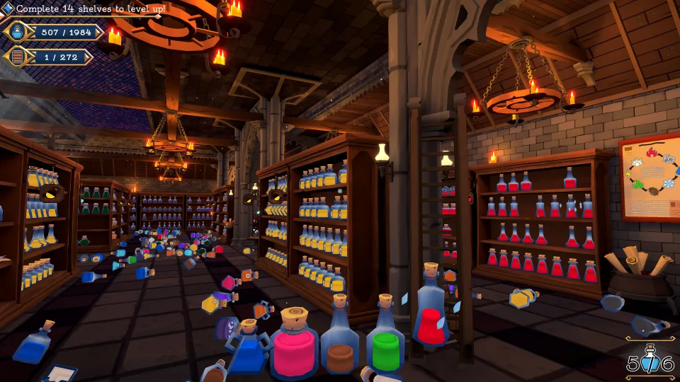 A wide view of the potion workshop with filled shelves, clue boards, and loose bottles on the floor.