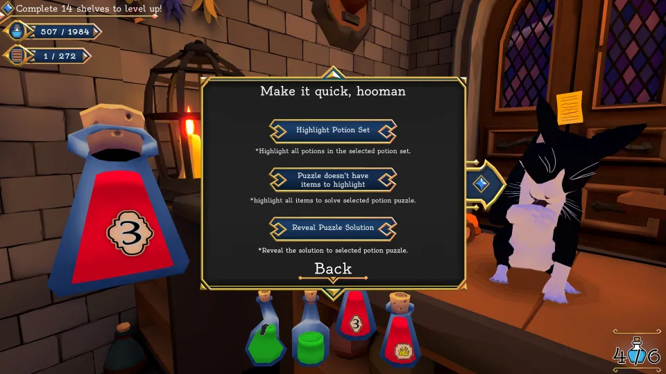 The in-game cat hint panel offering to reveal a puzzle solution.